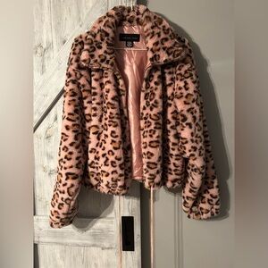 Vs pink “know one cares” pink leopard faux fur jacket size large